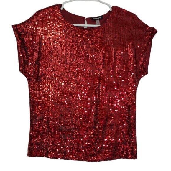 Cable & Gauge Women's Red Sequin Short Sleeve Top, Small. NWT. Made in China. - Picture 1 of 10